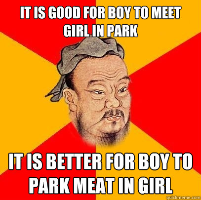 It is good for boy to meet girl in park it is better for boy to park meat in girl  Confucius says
