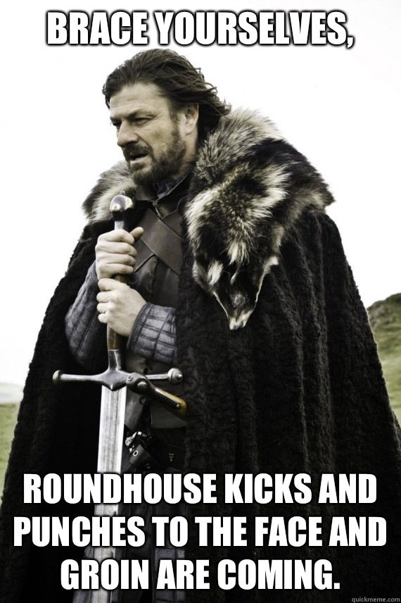 Brace yourselves, Roundhouse kicks and punches to the face and groin are coming.  Brace yourself