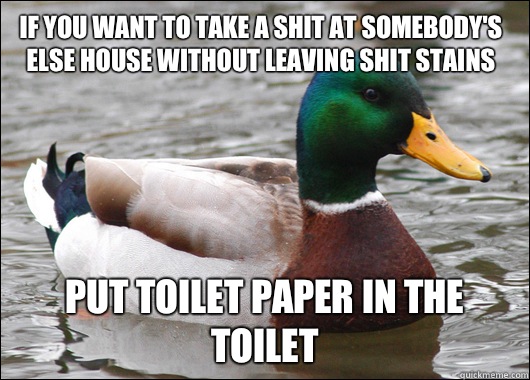 If you want to take a shit at somebody's else house without leaving shit stains put toilet paper in the toilet  Actual Advice Mallard