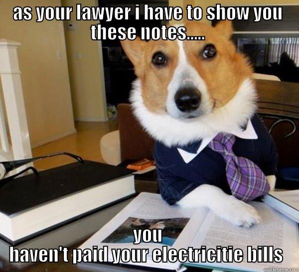 dog lawyer - AS YOUR LAWYER I HAVE TO SHOW YOU THESE NOTES..... YOU HAVEN'T PAID YOUR ELECTRICITIE BILLS  Lawyer Dog