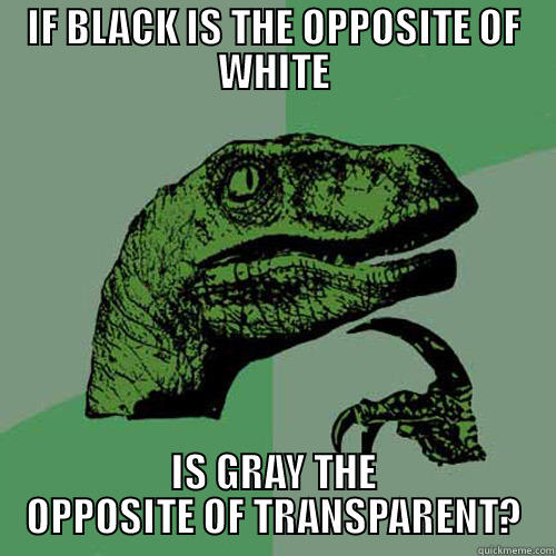 IF BLACK IS THE OPPOSITE OF WHITE IS GRAY THE OPPOSITE OF TRANSPARENT? Philosoraptor