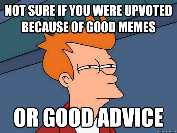 Not sure if you were upvoted because of good memes or good advice - Not sure if you were upvoted because of good memes or good advice  Futurama Fry