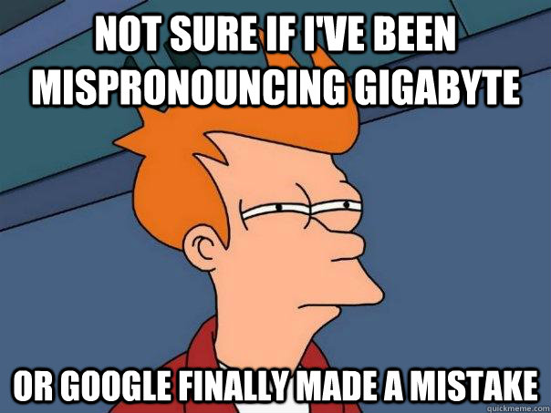 Not sure if i've been mispronouncing gigabyte Or google finally made a mistake   Futurama Fry