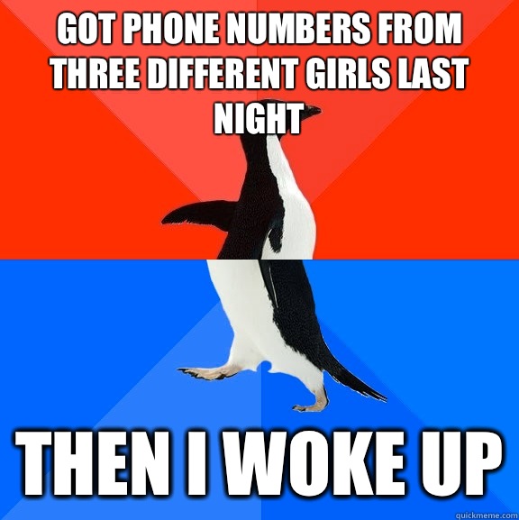 Got phone numbers from three different girls last night Then I woke up - Got phone numbers from three different girls last night Then I woke up  Socially Awesome Awkward Penguin