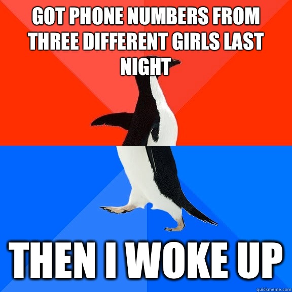 Got phone numbers from three different girls last night Then I woke up  Socially Awesome Awkward Penguin