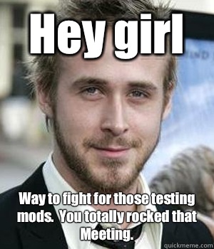 Hey girl Way to fight for those testing mods.  You totally rocked that Meeting.    - Hey girl Way to fight for those testing mods.  You totally rocked that Meeting.     Misc