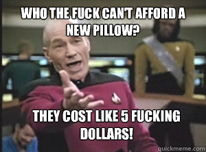 Who the fuck can't afford a new pillow?  They cost like 5 fucking dollars!   Annoyed Picard