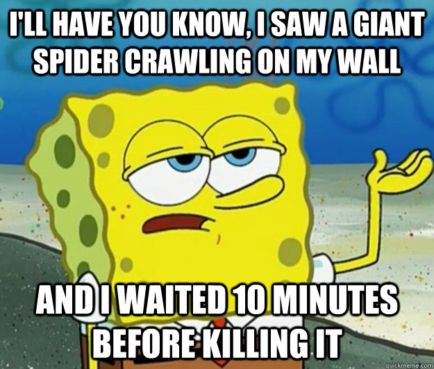 I'll have you know, I saw a giant spider crawling on my wall And I waited 10 minutes before killing it  Tough Spongebob