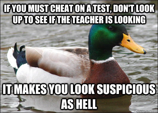 if you must cheat on a test, don't look up to see if the teacher is looking it makes you look suspicious as hell  Actual Advice Mallard