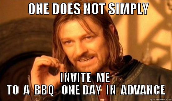            ONE DOES NOT SIMPLY          INVITE  ME  TO  A  BBQ   ONE DAY  IN  ADVANCE Boromir