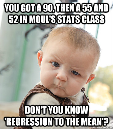 You got a 90, then a 55 and 52 in Moul's stats class don't you know 'regression to the mean'? - You got a 90, then a 55 and 52 in Moul's stats class don't you know 'regression to the mean'?  skeptical baby