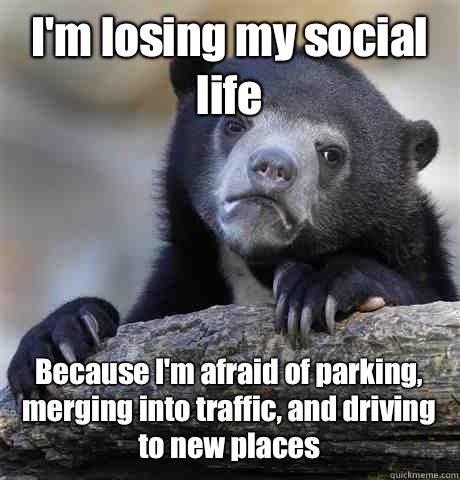 I'm losing my social life Because I'm afraid of parking, merging into traffic, and driving to new places - I'm losing my social life Because I'm afraid of parking, merging into traffic, and driving to new places  Confession Bear