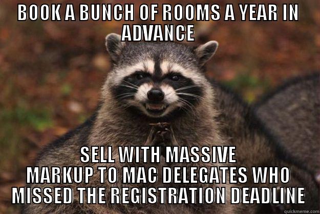 BOOK A BUNCH OF ROOMS A YEAR IN ADVANCE SELL WITH MASSIVE MARKUP TO MAC DELEGATES WHO MISSED THE REGISTRATION DEADLINE Evil Plotting Raccoon