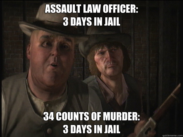 Assault Law Officer:
3 days in jail 34 Counts of murder:
3 Days in Jail - Assault Law Officer:
3 days in jail 34 Counts of murder:
3 Days in Jail  Misc