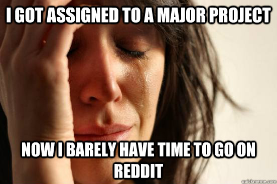 I got assigned to a major project now i barely have time to go on reddit  First World Problems