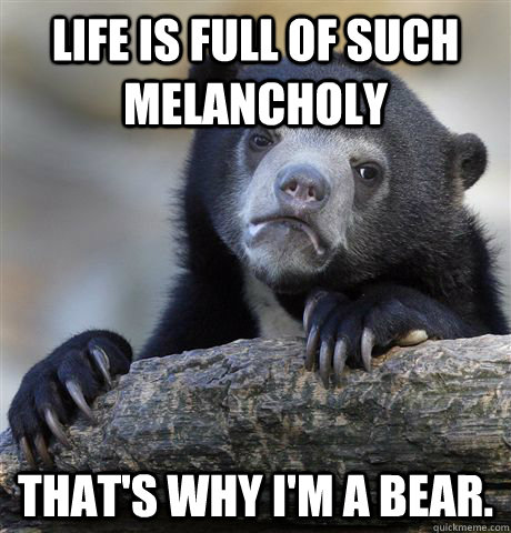 Life is full of such melancholy that's why i'm a bear.  Confession Bear