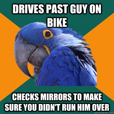 drives past guy on bike checks mirrors to make sure you didn't run him over  Paranoid Parrot