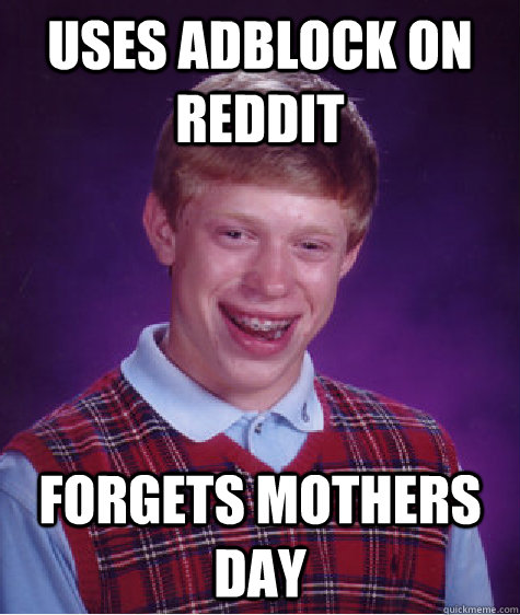 uses adblock on reddit forgets mothers day   Bad Luck Brian