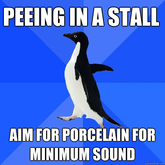 peeing in a stall aim for porcelain for minimum sound  Socially Awkward Penguin