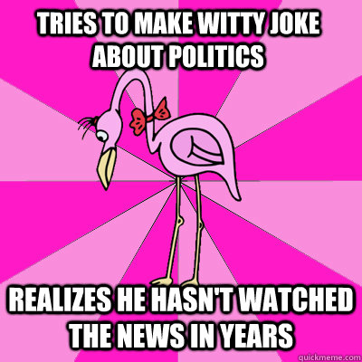 tries to make witty joke about politics realizes he hasn't watched the news in years - tries to make witty joke about politics realizes he hasn't watched the news in years  First Date Flamingo