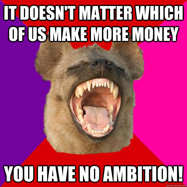 it doesn't matter which of us make more money you have no ambition!  Radical Feminist Hyena