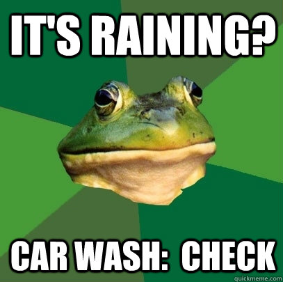 It's raining? Car wash:  CHECK  Foul Bachelor Frog