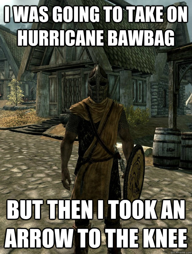 i was going to take on hurricane bawbag but then i took an arrow to the knee  