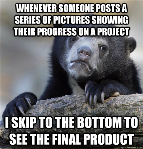 Whenever someone posts a series of pictures showing their progress on a project I skip to the bottom to see the final product  Confession Bear