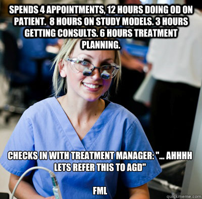 Spends 4 appointments, 12 hours doing OD on patient.  8 hours on study models. 3 hours getting consults. 6 hours treatment planning. Checks in with treatment manager: 