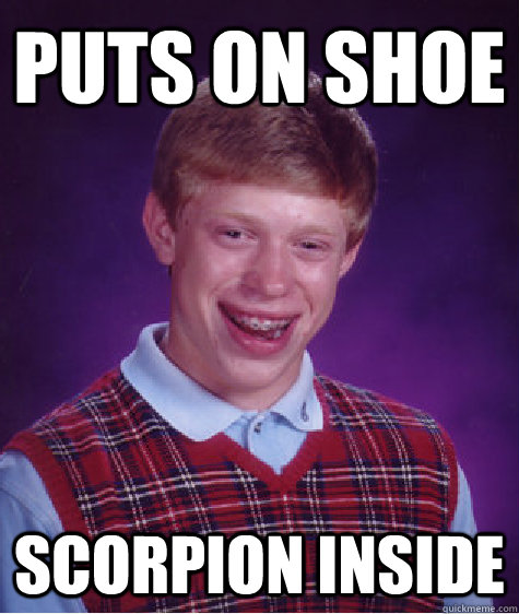 puts on shoe scorpion inside Caption 3 goes here  Bad Luck Brian