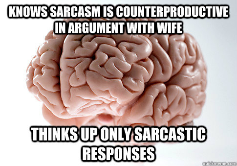 knows sarcasm is counterproductive in argument with wife thinks up only sarcastic responses  Scumbag Brain
