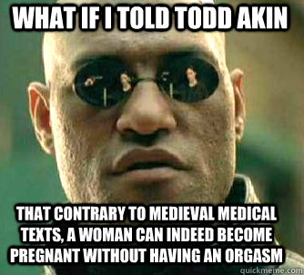 what if i told todd akin that contrary to medieval medical texts, a woman can indeed become pregnant without having an orgasm  Matrix Morpheus