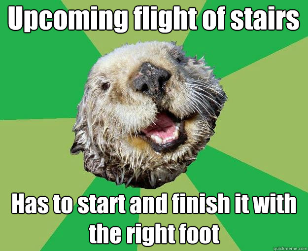 Upcoming flight of stairs Has to start and finish it with the right foot  OCD Otter