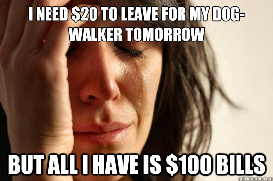 I need $20 to leave for my dog-walker tomorrow but all I have is $100 bills  First World Problems