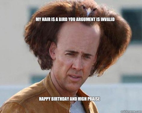 my hair is a bird you argument is invalid Happy Birthday and High Praise  Crazy Nicolas Cage