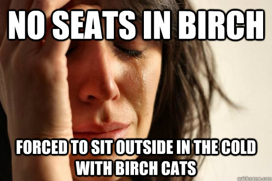 No seats in birch forced to sit outside in the cold with birch cats  First World Problems