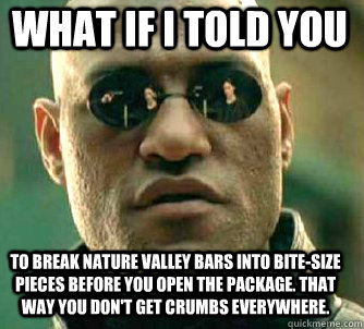what if i told you to break Nature Valley Bars into bite-size pieces before you open the package. That way you don't get crumbs everywhere.  Matrix Morpheus