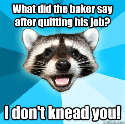 What did the baker say after quitting his job? I don't knead you!  Lame Pun Coon