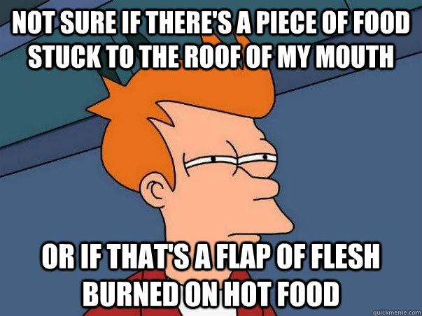 Not sure if there's a piece of food stuck to the roof of my mouth or if that's a flap of flesh burned on hot food  Not sure Fry