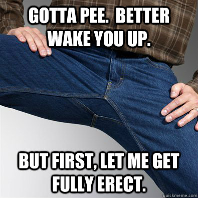 Gotta pee.  Better wake you up. But first, let me get fully erect. - Gotta pee.  Better wake you up. But first, let me get fully erect.  Scumbag Penis