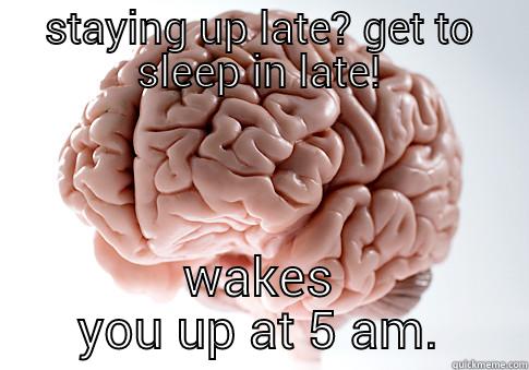 STAYING UP LATE? GET TO SLEEP IN LATE! WAKES YOU UP AT 5 AM. Scumbag Brain