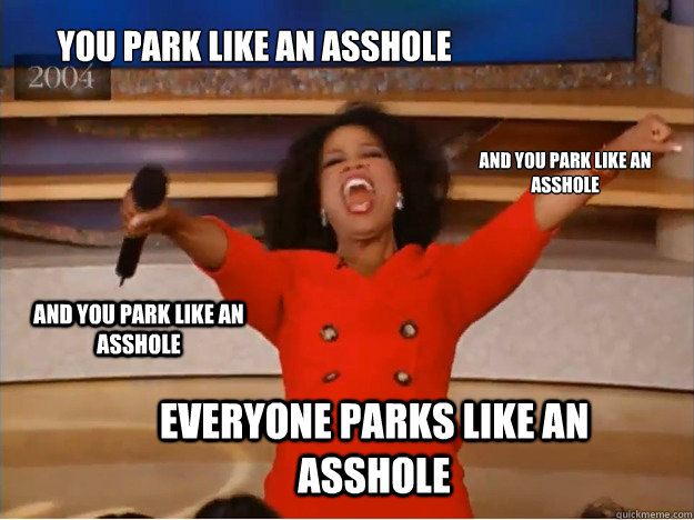 YOU park like an asshole EVERYONE PARKS LIKE an ASSHOLE and you park like an asshole and you park like an asshole  oprah you get a car