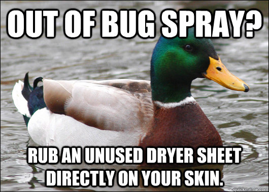 Out of bug spray?  Rub an unused dryer sheet directly on your skin. - Out of bug spray?  Rub an unused dryer sheet directly on your skin.  Actual Advice Mallard