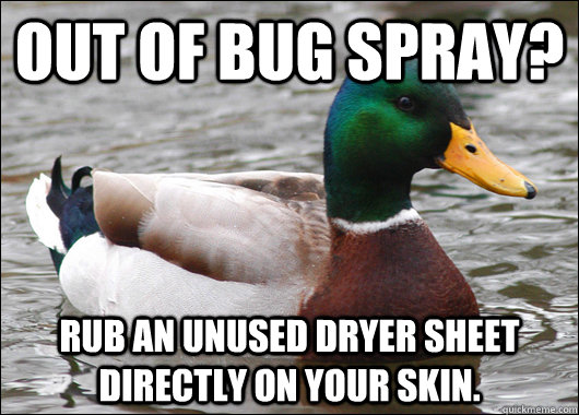 Out of bug spray?  Rub an unused dryer sheet directly on your skin.  Actual Advice Mallard