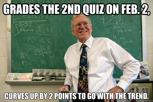 Grades the 2nd Quiz on Feb. 2, Curves up by 2 points to go with the trend. - Grades the 2nd Quiz on Feb. 2, Curves up by 2 points to go with the trend.  Misc