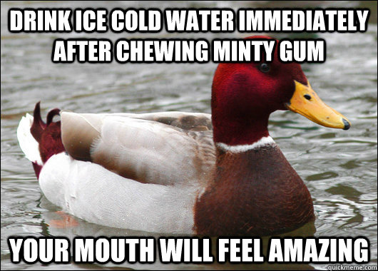 Drink ice cold water immediately after chewing minty gum Your mouth will feel amazing  Malicious Advice Mallard