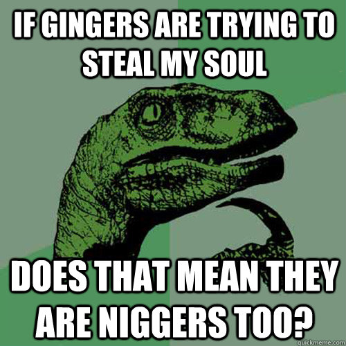 If gingers are trying to steal my soul Does that mean they are niggers too?   Philosoraptor