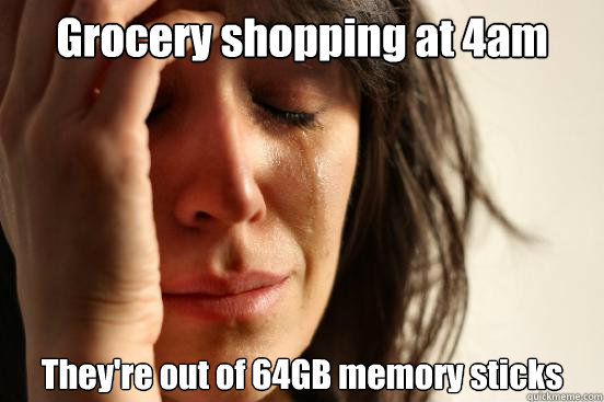Grocery shopping at 4am They're out of 64GB memory sticks  First World Problems