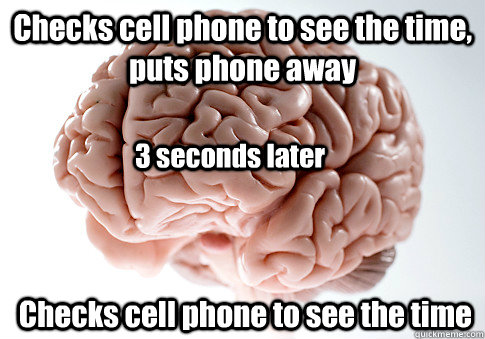 Checks cell phone to see the time, puts phone away  Checks cell phone to see the time 3 seconds later  Scumbag Brain