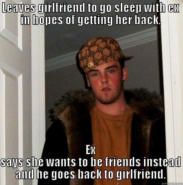 LEAVES GIRLFRIEND TO GO SLEEP WITH EX IN HOPES OF GETTING HER BACK. EX SAYS SHE WANTS TO BE FRIENDS INSTEAD AND HE GOES BACK TO GIRLFRIEND. Scumbag Steve